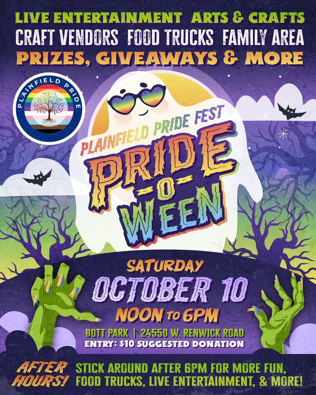 Flyer for Pride-O-Ween Plainfield Pride at Bott Park in Plainfield, IL: October 10, 2026